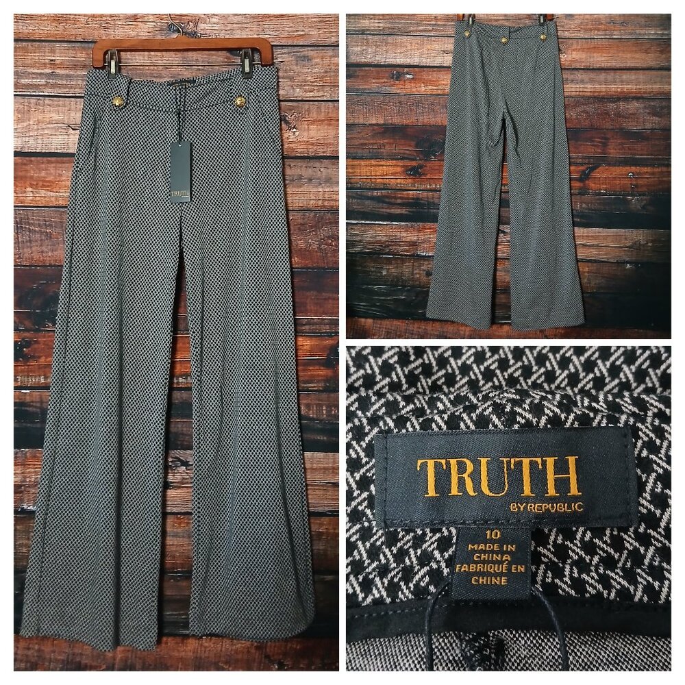 NWT Truth By Republic Pants 10 Soft Knit Wide Leg Black & White Checked Stretch